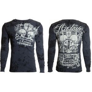 Archaic by Affliction Men's Thermal Shirt CRUDE Skull Biker Charcoal